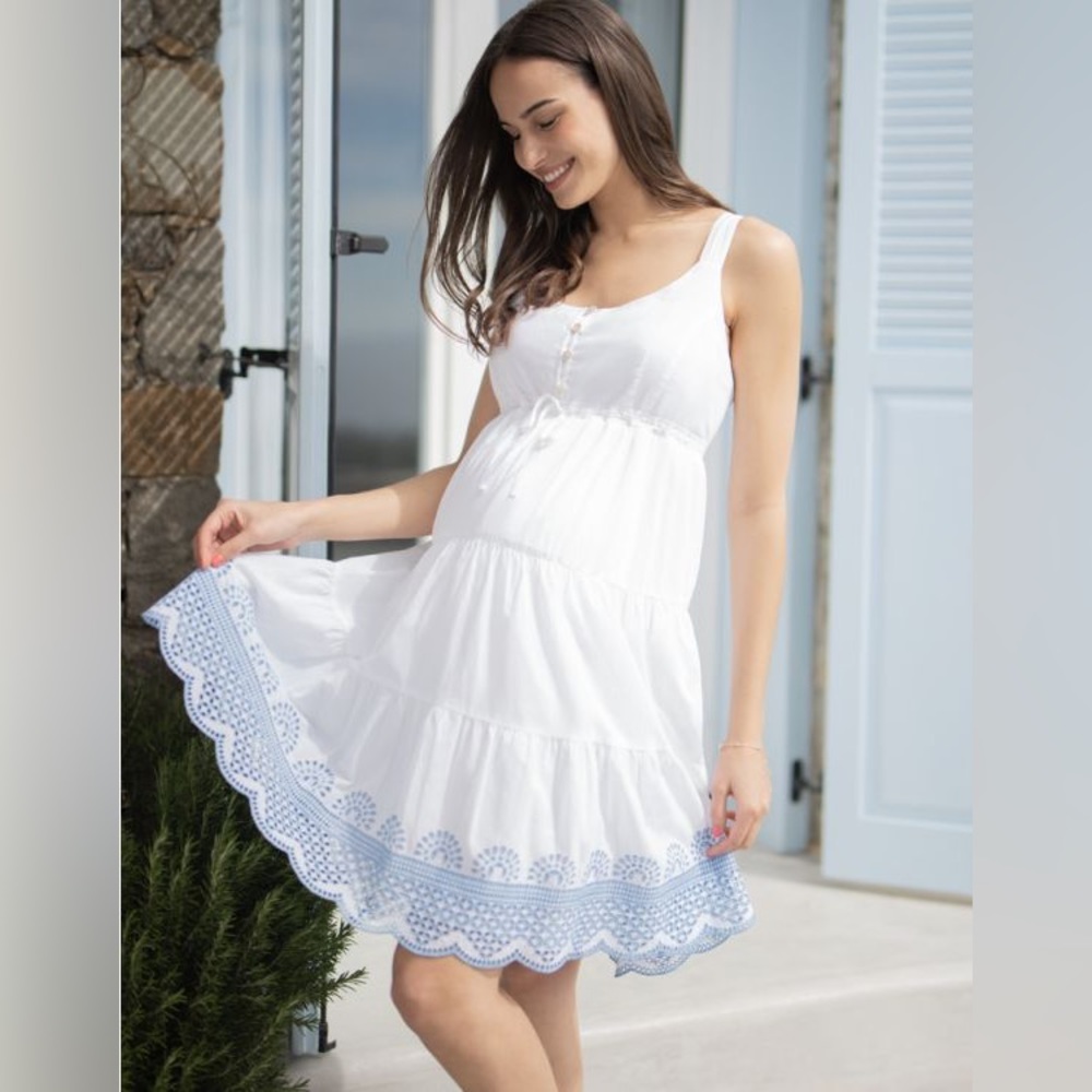 Seraphine white cotton embroidered maternity dress